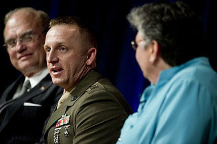 Marine Capt. Matthew Phelps participates in a discussion panel during the Defense Department's Lesbian, Gay, Bisexual and Transgender Pride Month event at the Pentagon on June 26. Photo by Petty Officer 1st Class Chad J. McNeeley