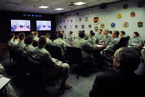 More than 30 members of the 55th Wing listen to Air Force Vice Chief of Staff Gen. Larry Spencer as he discusses the Airman Powered by Innovation program during a virtual town hall meeting Dec. 1, 2014. (U.S. Air Force photo/Charles Haymond)