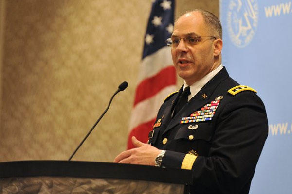 Lt. Gen. Gustave F. Perna, Army logistics chief/G-4, outlined his three lines of effort to make the Army back into an expeditionary force, March 19, 2015. (U.S. Army photo)