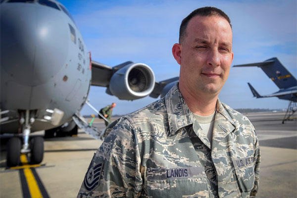 For his efforts in helping to save a family from their burning home, the Harlem Globetrotters will honor Air Force Tech. Sgt. Jeffrey Landis of the 315th Maintenance Squadron. (U.S. Air Force photo: Senior Airman Thomas Brading)