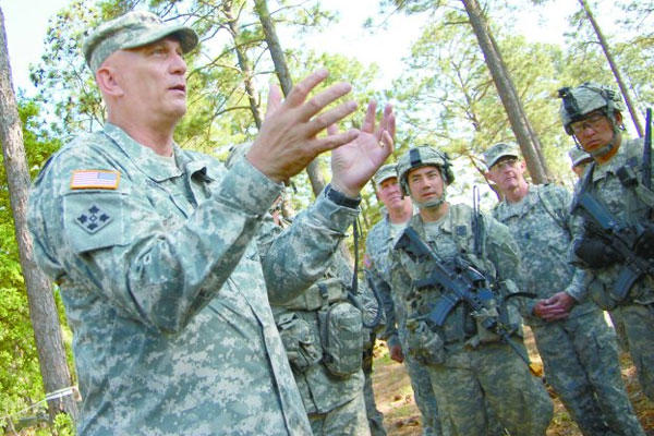 Army Chief of Staff Gen. Ray Odierno speaks with Soldiers, from the 2nd Brigade Combat Team, 82nd Airborne Division, during a visit at the Joint Readiness Training Center at Fort Polk, La., April 22, 2015. (U.S. Army photo by Chuck Cannon)
