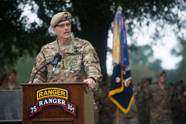 U.S. Special Operations Command Commander Gen. Joseph L. Votel makes his remarks at the Ranger Memorial in Fort Benning, GA, Oct. 03, 2014. (U.S. Army photo by Staff Sgt. Steve Cortez/ Released)