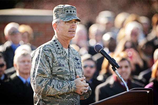 Gen. Paul J. Selva gives his incoming speech during the change of command ceremony at Scott Air Force Base Nov. 30, 2012.