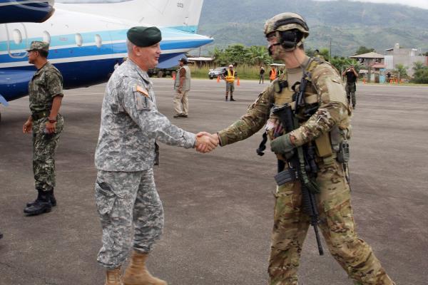 Former Army Brig. Gen. Sean P. Mulholland, the former commander of Special Operations Command South, greets U.S. service members May 7 in Lima, Peru. (DoD photo/Army Maj. Emanuel Ortiz)