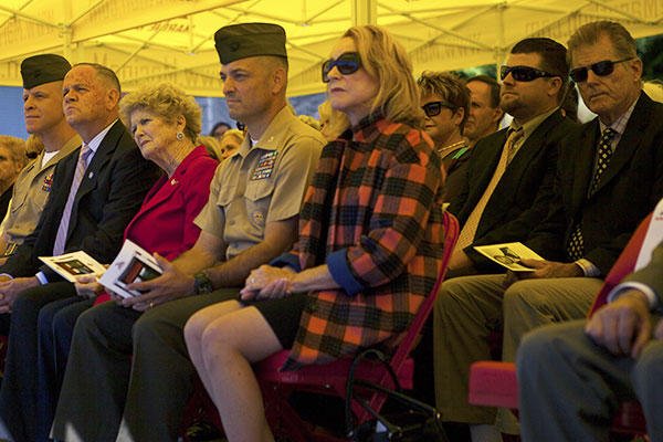 Guests attend the dedication of the Marine Corps Marathon building at Marine Corps Base Quantico, Virginia to retired Col. James Fowler, founder of the Marine Corps Marathon, Sept. 14, 2015. (U.S. Marine Corps/Sgt. Melissa Karnath)