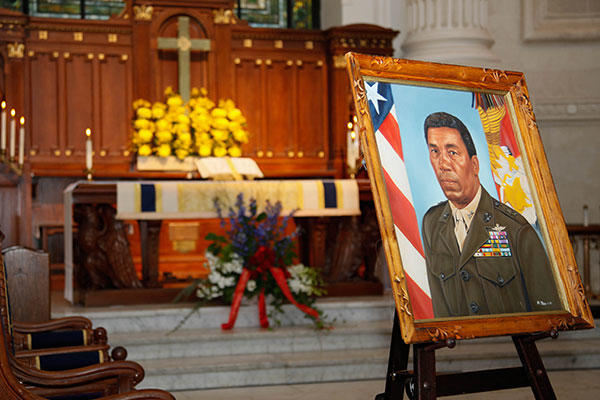 A display for Lt. Gen. Frank E. Petersen, Jr. (ret.) is showcased during his memorial service at the U.S. Naval Academy. (U.S. Marines/Sgt. Terry Brady)