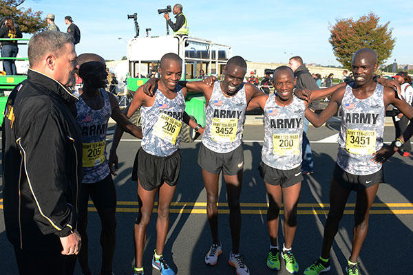 Chief of Staff of the Army Gen. Mark A. Milley (left), meets with the top four race finishers, including Paul Chelimo Nicholas Kipruto, and Shadrack Kipchirchir. (U.S. Army/David Vergun)