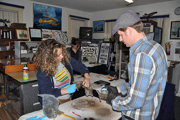 NHHC archaeologist Dr. George Schwarz, right, and graduate student Nicole Mauro clean artifacts recovered from the crash site of a World War II Navy aircraft as Maddeline Voas, center, photographs the artifacts. (U.S. Navy/Lt. Cmdr. Heidi Lenzini)