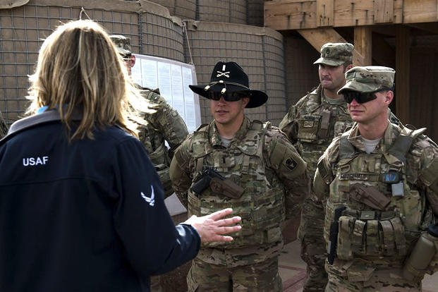 Secretary of the Air Force Deborah Lee James speaks with Soldiers assigned to Chebelley Airfield, Djibouiti, Nov. 12, 2015. (U.S. Air Force photo/Senior Airman Peter Thompson)