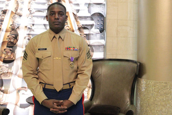 Sgt. DeMonte R. Cheeley stands for a photo after receiving the Purple Heart medal Jan. 26, 2016, at a ceremony in Chattanooga, Tenn. (Official Marine Corps photo by Cpl. Diamond N. Peden/Released)