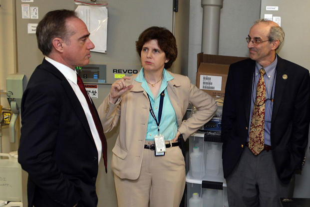 Dr. David J. Shulkin, VA Under Secretary for Health, with Dr. Mary Brophy, director of the Million Veteran Program biorepository, and Dr. J. Michael Gaziano, science director for the Mass. Veterans Epidemiology Research and Information Center.  (VA photo)