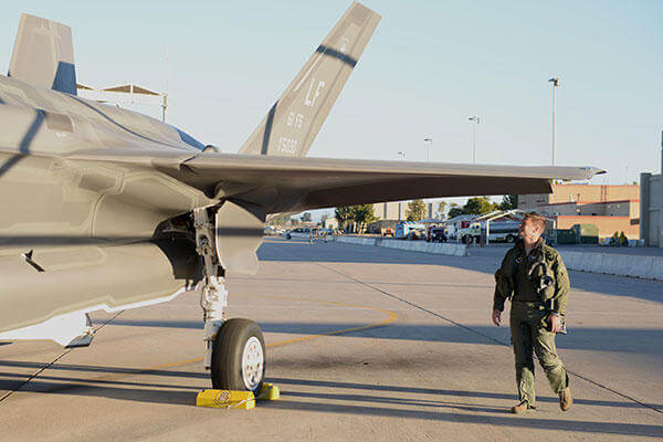 Lt. Col. Matthew Hayden, 56th Fighter Wing chief of safety and pilot attached to the 61st Fighter Squadron, inspects his F-35 before entering the cockpit and beginning take-off procedures. (U.S. Air Force/A1C Ridge Shan)