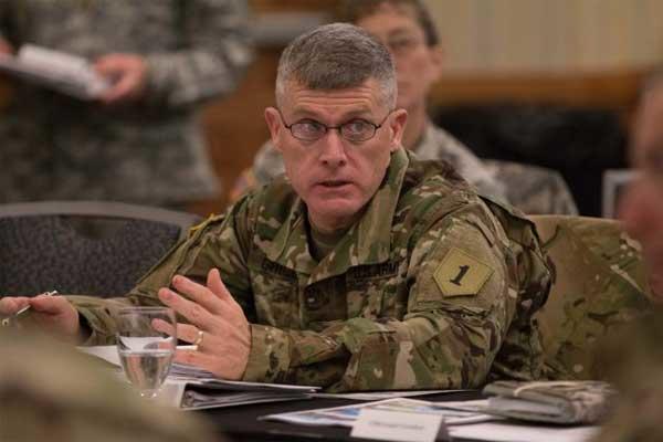 Maj. Gen. Wayne Grigsby Jr., 1st Infantry Division and Fort Riley commanding general, talks Feb. 11 to participants of the Total Army Conference about the benefits of training at Fort Riley. (Photo Credit: Amanda Kim Stairrett)