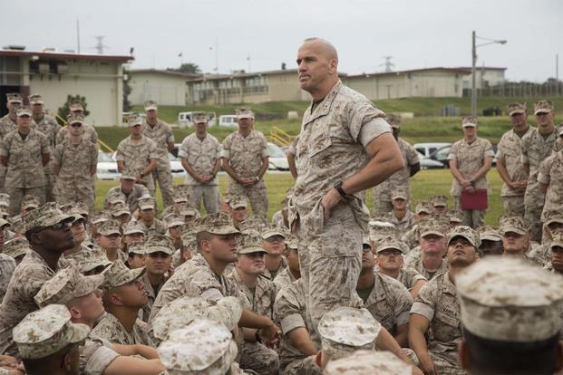 FILE - U.S. Marine Corps Maj. Gen. Richard Simcock II, commanding general of 3rd Marine Division, talks a group of his Marines on Camp Courtney, Okinawa, Japan, Oct. 9, 2015. (U.S. Marine Corps photo/LCpl. Makenzie Fallon)