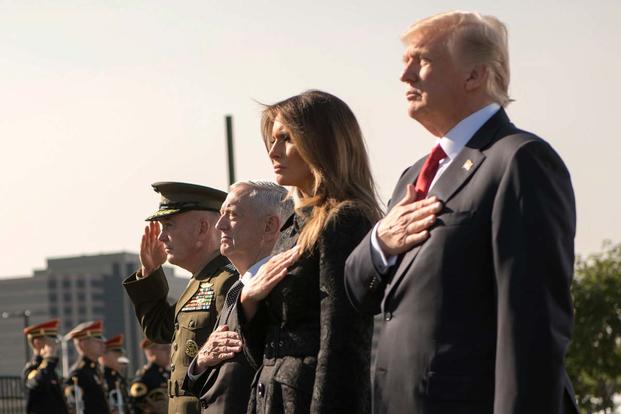 From right: President Donald Trump, first lady Melania Trump, Defense Secretary Jim Mattis, and Chairman of the Joint Chiefs Gen. Joseph Dunford Jr., at the 9/11 observance ceremony at the Pentagon, Sept. 11, 2017. (DOD/Army Sgt. Amber I. Smith/DoD)