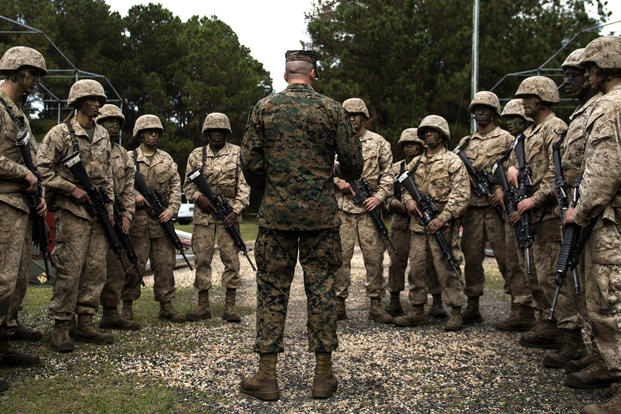 U.S. Marine Corps recruits listen to their drill instructor during the Crucible at the Marine Corps Recruit Depot, Parris Island, S.C., Dec. 3, 2015. (U.S. Air Force photo/Staff Sgt. Kenneth W. Norman)