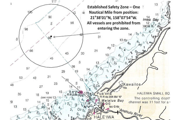 The Coast Guard will enforce a temporary safety zone approximately 2.9 miles northwest of the Haleiwa small boat harbor, Oahu, beginning Jan. 20, 2016, and running through Feb. 10, 2016. (U.S. Coast Guard graphic)