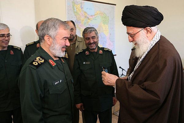 Ayatollah Ali Khamenei awarded the Order of Fat’h medal to Admiral Ali Fadavi, the head of the navy of the Revolutionary Guards, and four commanders who seized two U.S. Navy vessels and 10 U.S. Sailors. Photo from Ayatollah Ali Khamenei Twitter account
