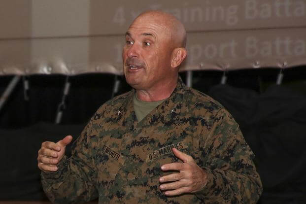 Brig. Gen. Austin E. Renforth, commanding general of Eastern Recruiting Region, Marine Corps Recruit Depot Parris Island, addresses an educators' workshop March 8, 2017. Lance Cpl. Jack A.E. Rigsby/Marine Corps