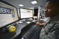 Air Force Staff Sgt. Dalia Theodule, 380th Air Expeditionary Wing command chief executive assistant, researches the Blended Retirement System at Al Dhafra Air Base, United Arab Emirates, on Jan. 31, 2018. (U.S. Air Force photo by Airman 1st Class D. Blake Browning)