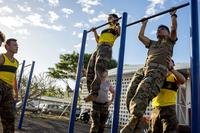 U.S. Marine Corps Cpl. Juan Antonio Rubio, right, forward observer, 3rd Air Naval Gunfire Liaison Company, Force Headquarters Group, U.S. Marine Corps Forces Reserve, conducts pull-ups alongside French Armed Forces soldiers with the 21st Marine Infantry Regiment, Troupes De Marine, French Army, during a group physical training session for Exercise DELAYEN, Tahiti, French Polynesia, Aug. 18, 2025. (Lance Cpl. Moses S. Lopez Franco/Marine Corps) Military members perform pullups.