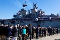 The amphibious assault ship USS America is commissioned in October 2014 at San Francisco. The Marine Corps plans to use a sister ship under construction, the Tripoli, to support 90-day patrols around Australia. (DoD photo)