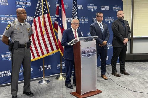 Ohio Gov. Mike DeWine holds a news conference in Springfield, Ohio