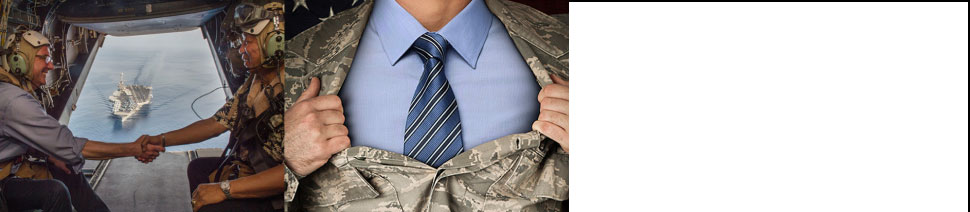 Military pilots shaking hands, and a servicemember opening uniform top to show suit underneath