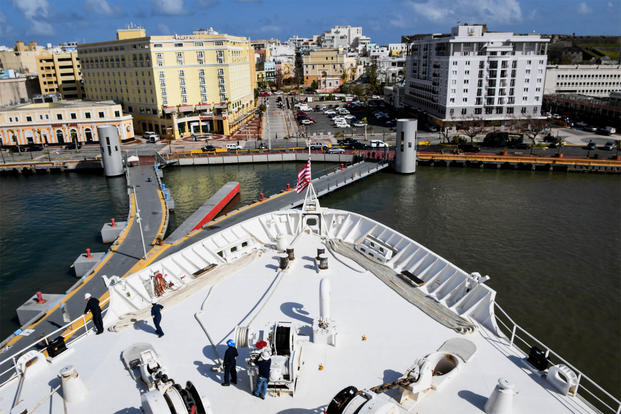 The hospital ship USNS Comfort arrives in San Juan, Puerto Rico Oct. 3 to provide medical assistance for victims of Hurricane Maria. (US Navy photo/Ernest Scott)