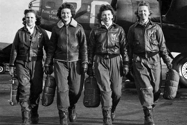 Women Airforce Service pilots Frances Green, Margaret "Peg" Kirchner, Ann Waldner and Blanche Osborn, leave their B-17 Flying Fortress aircraft, "Pistol Packin' Mama," during ferry training at Lockbourne Army Airfield, Ohio, 1944. (U.S. Air Force)