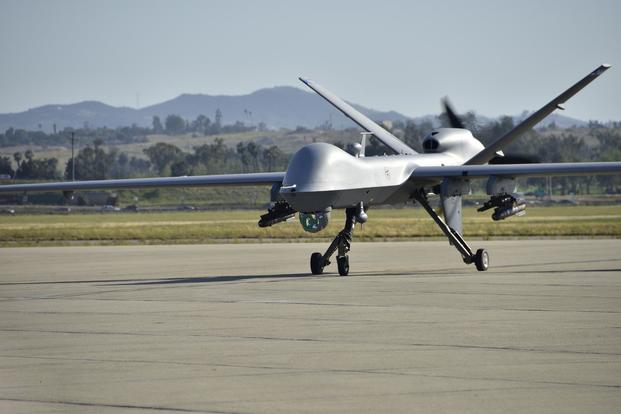 An MQ-9 Reaper remotely piloted aircraft assigned to the 163d Attack Wing taxis at March Air Reserve Base, California, on April 5, 2017. Airman Michelle Ulber/Air National Guard