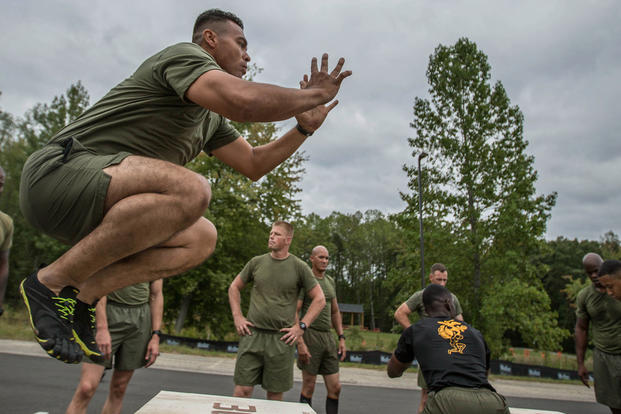 A Force Fitness Instructor student executes box jumps.
