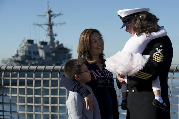 FILE PHOTO -- Senior Chief Aviation Electrician’s Mate Christopher Perry spends time with his family aboard the USS Freedom (LCS 1) before his departure on a deployment, March 1. (U.S. Navy/Mass Communication Specialist 3rd Class John Grandin)
