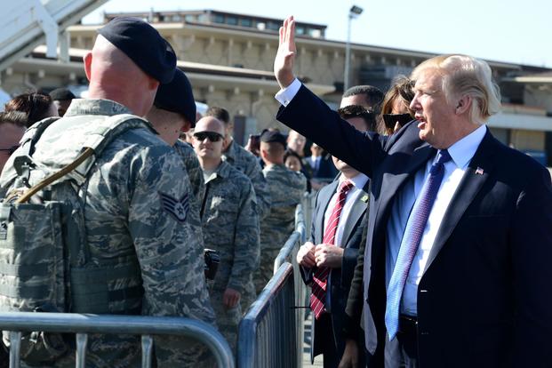 President Donald J. Trump speaks with Airmen from at Osan Air Base, Republic of Korea, Nov. 8, 2017. (U.S. Air Force/Staff Sgt. Alex Echols III)