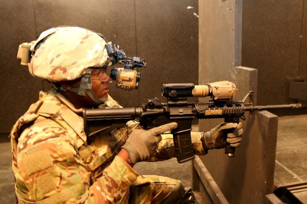 A soldier wears an single-tubed Enhanced Night Vision Goggle III during a night-firing demonstration in July 2017. The Army is now working on a dual-tubed, binocular-style, ENVG B to give soldiers greater depth perception as part of an effort to improve soldier lethality. (Photo: Matthew Cox, Military.com)