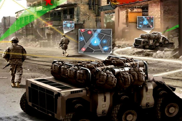 By 2025, the Army sees ground troops conducting foot patrols in urban terrain with robots -- called Squad Multipurpose Equipment Transport vehicles -- that carry rucksacks and other equipment. (US Army image)