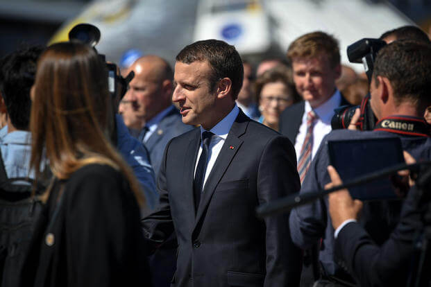 French President Emmanuel Macron visits the U.S. military corral at the Paris Air Show, June 19, 2017 at Le Bourget, France. (U.S. Air Force photo/Ryan Crane)