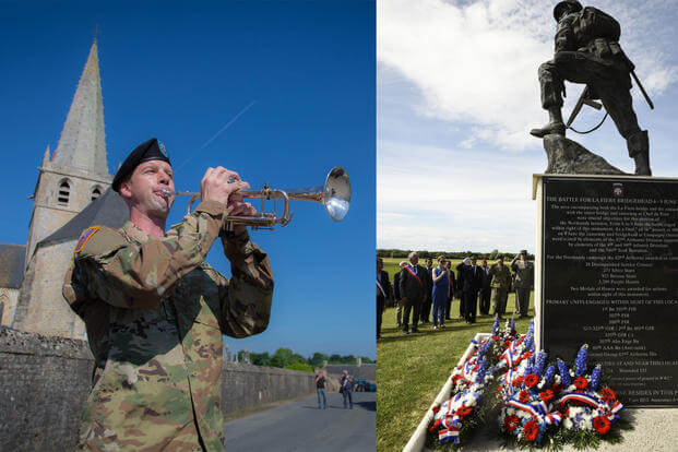 Commemorating D-Day in France: Sgt. Jonathan Bosarge performs Taps in Picauville, France. (Army photo: Spc. Joseph Agacinski) and dignitaries salute as 'Taps' is played during the 'Iron Mike' wreath-laying ceremony in Sainte-Mere-Eglise, France (Army photo: Staff Sgt. Tamika Dillard)