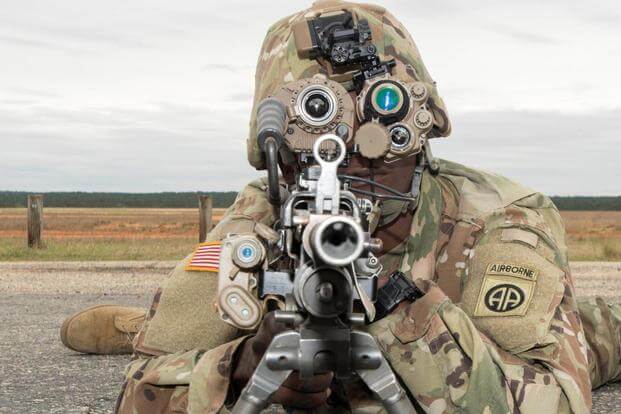 Spec. Shykeen McClellan, a soldier with the 82nd Airborne Division, conducts post drop systems check of the Family of Weapons Sights-Individual (FWS-I), mounted to the M-249 squad automatic weapon after landing on Fort Bragg, N.C.'s Sicily Drop Zone. (Photo: U.S. Army)