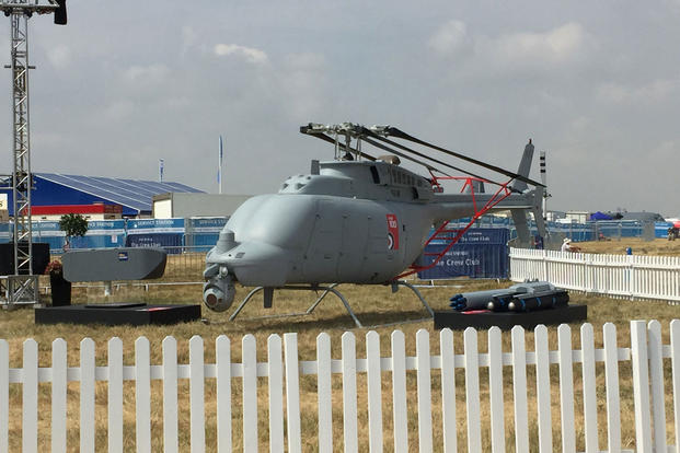 North Grumman's Fire Scout drone helicopter is displayed recently during the Royal International Air Tattoo at RAF Fairford, England. Photo by Oriana Pawlyk/Military.com