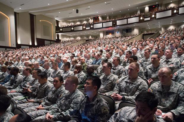 Students listen to a speech at the Command and General Staff College at Fort Leavenworth, Kan, April 10, 2013. (U.S. Army/Staff Sgt. Teddy Wade)
