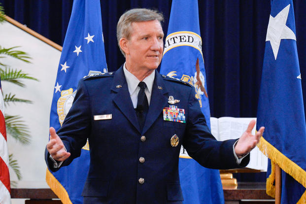Gen. Herbert "Hawk" Carlisle, then-commander, Air Combat Command, gives his remarks during a promotion ceremony at Joint Base Anacostia-Bolling, Washington, Aug. 28, 2015. (Air Force photo/Andy Morataya)