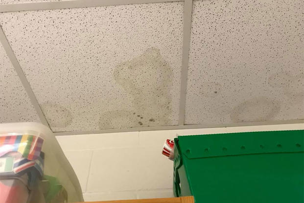 Water damage and mold had not yet been cleaned when students returned to Brewster Middle School on Camp Lejeune, North Carolina Sept. 25 after Hurricane Florence. (Photo courtesy of Laura Shuler)