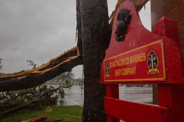 A tree collapsed outside Easy Company, 2nd Battalion, 2nd Marines, during Hurricane Florence, on Marine Corps Base Camp Lejeune, Sept. 15, 2018. Hurricane Florence impacted MCB Camp Lejeune and Marine Corps Air Station New River with periods of strong winds, heavy rains, flooding of urban and low lying areas, flash floods and coastal storm surges. (U.S. Marine Corps photo/Isaiah Gomez)