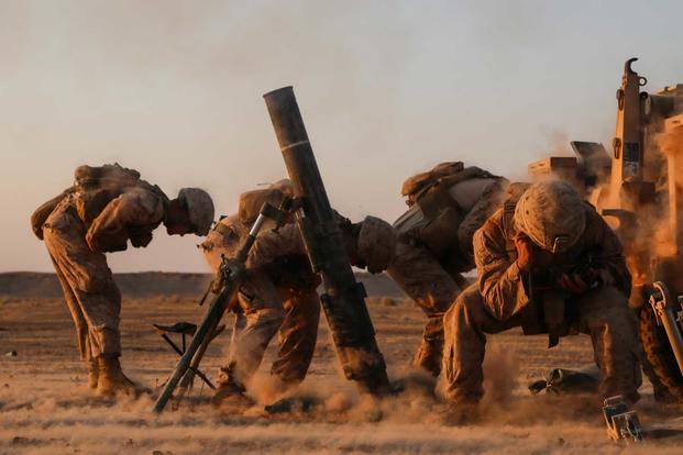 Coalition forces launch mortars into known ISIS territory near Abu Kamal, Syria, on Aug. 22, 2018. The coalition advises and assists Syrian Democratic Forces as they lead Operation Roundup, the military offensive to eliminate the remaining ISIS strongholds in Syria. (U.S. Army photo by Spc. Christian Simmons)
