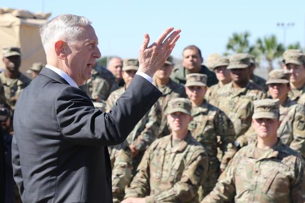 James Mattis, U.S. Secretary of Defense, speaks with troops from the 56th Multifunctional Medical Battalion, 62nd Medical Brigade on Nov. 14, 2018 at Base Camp Donna, Texas. (DoD/Master Sgt. Jacob Caldwell)