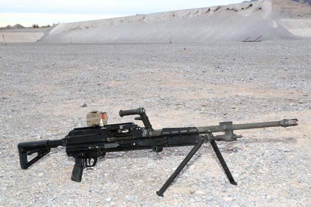 Sig Sauer’s new lightweight machine gun is shown during a Sig Sauer range day in Last Vegas Jan. 20, 2019. The new MG has maximum effective range of about 2,000 meters and weighs about 20 pounds, about seven pounds lighter than the M240B machine gun.