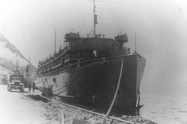On Feb. 3, 1943, the U.S.A.T. Dorchester, a luxury ship converted into an Army transport, ship was part of a convoy in icy waters, 150 miles from its destination, an American base in Greenland. It carried 902 servicemen, merchant seamen and civilian workers. Photo via Wikipedia