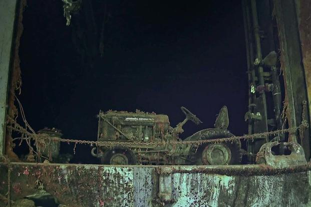 An International Harvester aircraft tug on the wreckage of the USS Hornet. Photo courtesy of Paul G. Allen’s Vulcan Inc. 