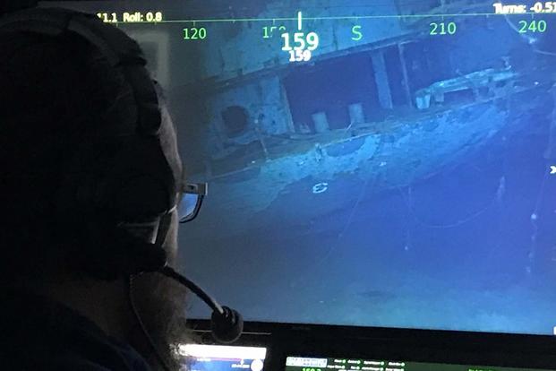 The underwater hull of USS Hornet is visible on the screen in the R/V Petrel's online room. Photo courtesy of Paul G. Allen’s Vulcan Inc. 